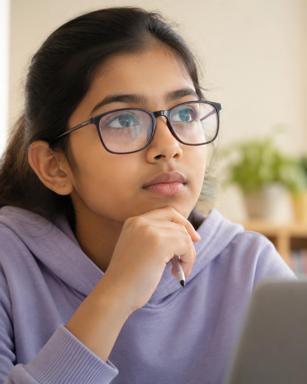 A child concentrating on a Vedic Maths problem